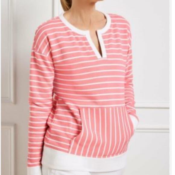 T by Talbots Pullover Split Neck Striped Kangaroo Pocket Top Women Lp Pink White - Picture 3 of 9
